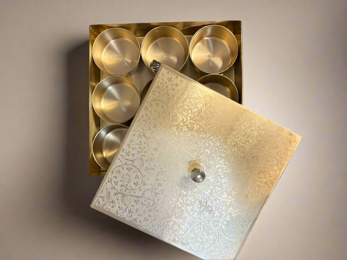 brass carved square spice box with 9 containers and 1 spoon